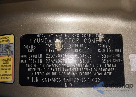 2007 Hyundai Entourage Gls/Limited/Se z USA, uszkodzony, nr VIN KNDMC233176021733